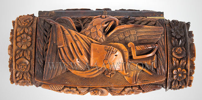 Carved Snuff Box, Raised Portrait Napoleon, Eagle, Panoply of Arms and Flags
Probably French Carved
1804ish, entire view